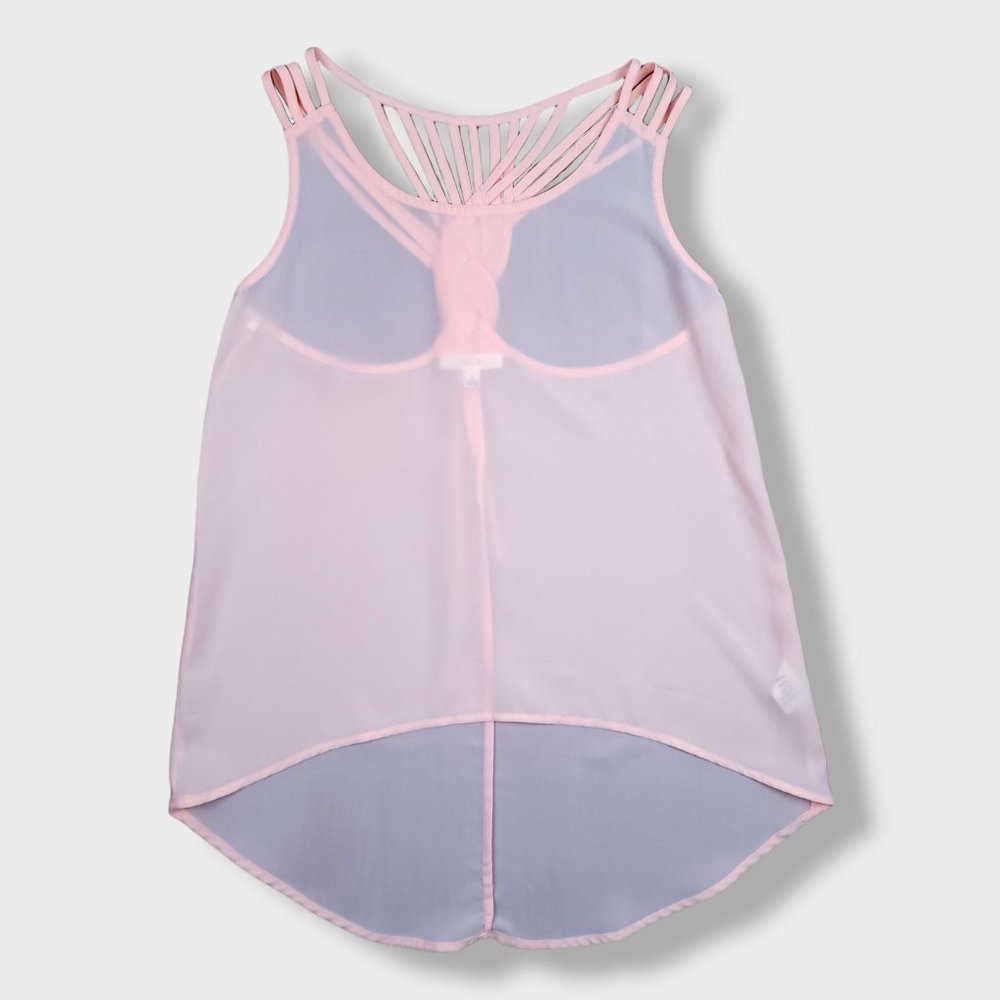 Women's Junior's Sheer Coral Woven Back Flowy Tank | S